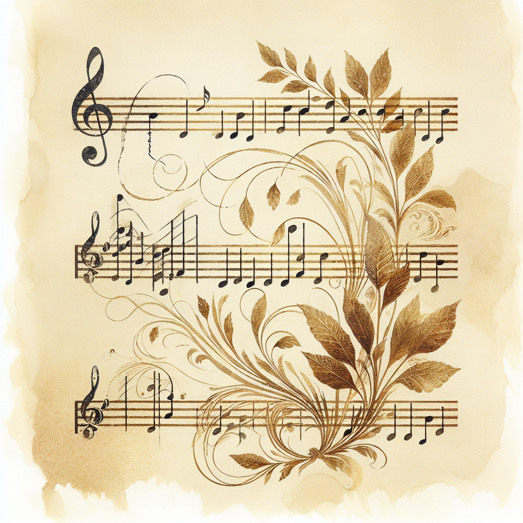 Ornate sheet music with golden botanical motif