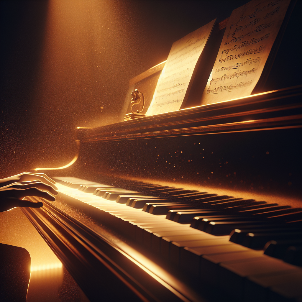 Piano keys lit with warm golden light, sheet music on the stand